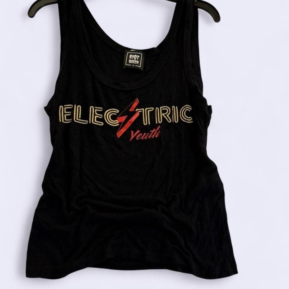 Riot‎ Queen Black Electric Youth Graphic Ribbed Tank Top Small Sleeveless